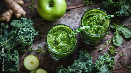  two glasses filled with green smoothie next to green apples and broccoli on top of a wooden table.
