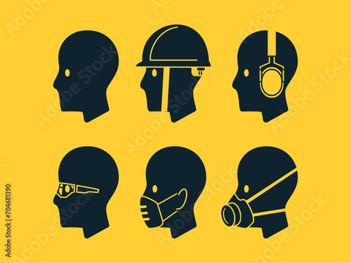 set of industrial PPE icon on yellow background