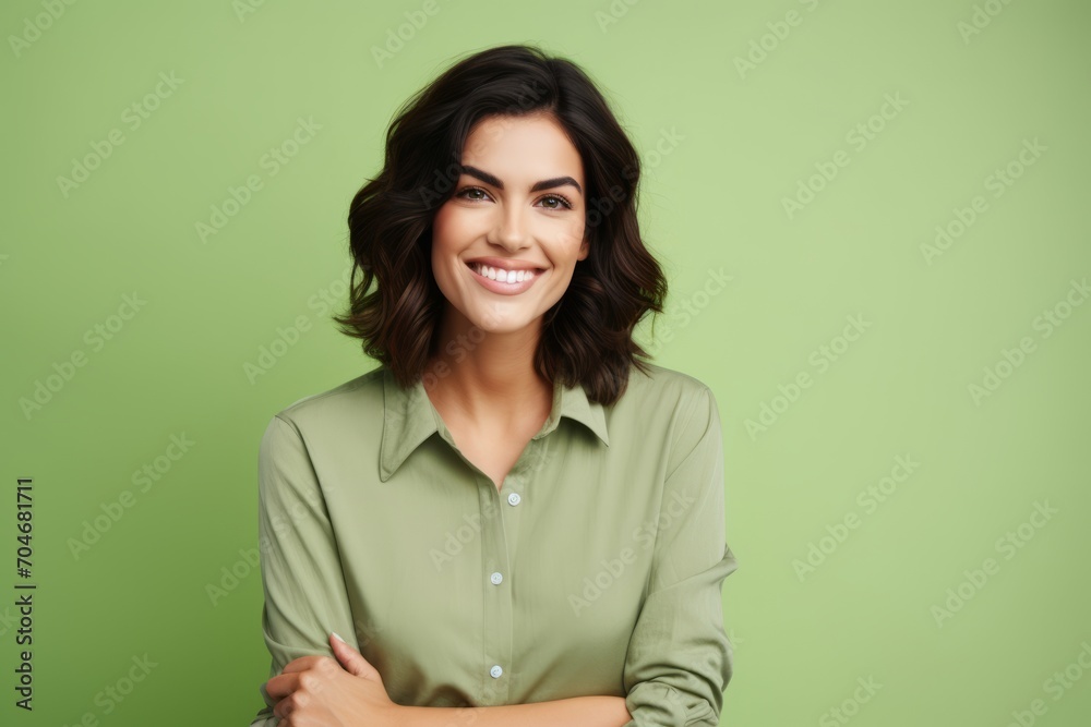 Portrait of happy smiling beautiful young business woman, over green background Portrait of happy smiling beautiful young business woman, over green background