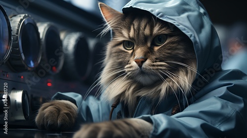 A cat wearing a blue raincoat is sitting in front of a control panel. © duyina1990