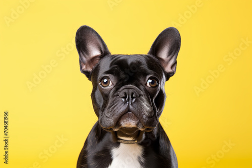 A dog looking to the camera in front of a yellow background © Nate