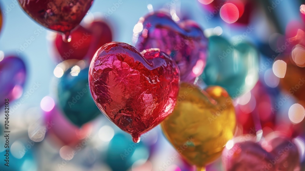 a bunch of heart shaped candies hanging from a string in a room with a blue sky in the background. a bunch of heart shaped candies hanging from a string in a room with a blue sky in the background.