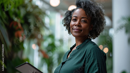 Happy middle aged business blackwoman in a dark forest green linen blouse, holding a tablet while standing in an white bright office background photo
