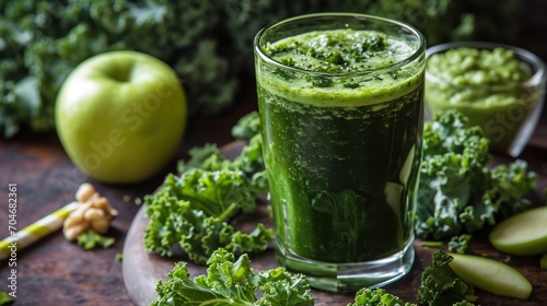  a glass filled with green liquid next to a pile of broccoli and an apple on a wooden table.