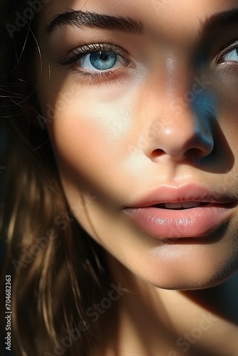 Close-up portrait of a beautiful caucasian woman with blue eyes and brown hair