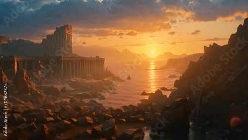 Epic sunset landscape featuring the ruins of a Greek or Roman temple among rocks, with the golden sun setting behind mountains, reflecting in the sea. Historical and cinematic scene of a lost empire.	 photo