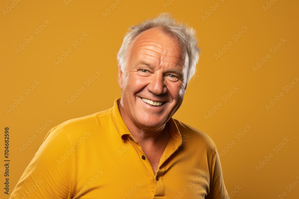 Portrait of a smiling senior man looking at camera on yellow background Portrait of a smiling senior man looking at camera on yellow background