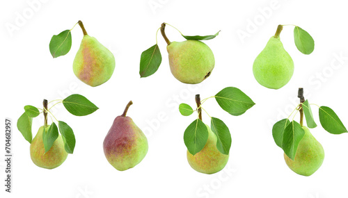 Set of ripe pear fruits with leaves isolated on transparent background. Clapps Favourite pear trees.