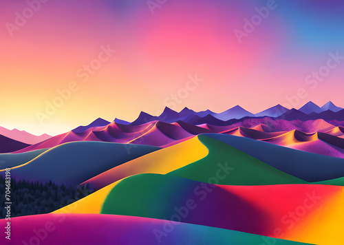 The mountain landscape is colorful and multi-colored, against the backdrop of the sunset and illustrations in abstract art, Generative AI