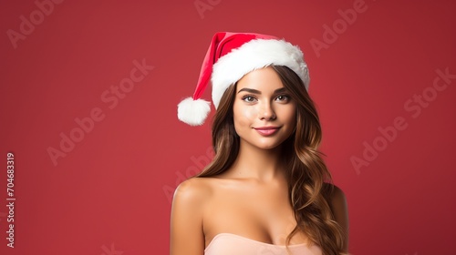 Beautiful young woman wearing a Santa hat on a red background.