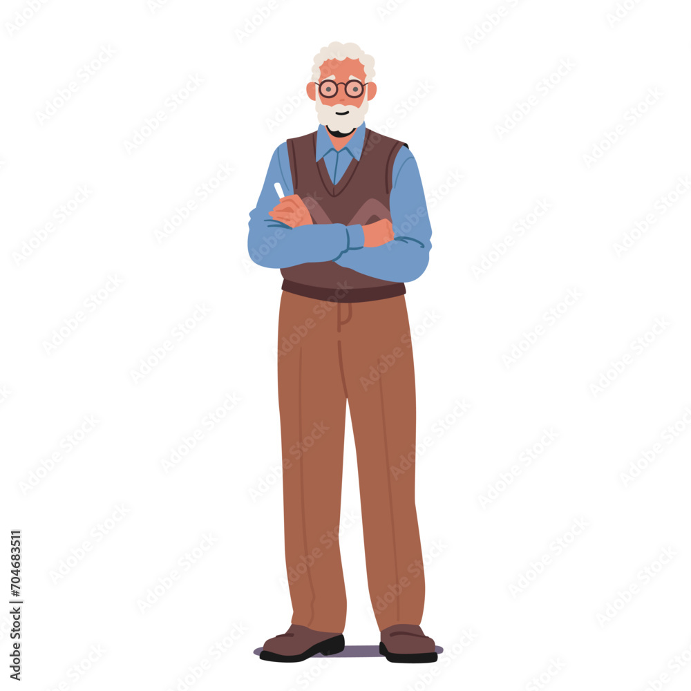 Distinguished Senior Male Teacher Character, Chalk In Hand, Imparts Wisdom With Confident Demeanor, Vector Illustration Distinguished Senior Male Teacher Character, Chalk In Hand, Imparts Wisdom With Confident Demeanor, Vector Illustration