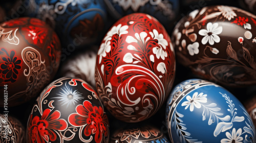 Close up of intricately decorated Easter eggs