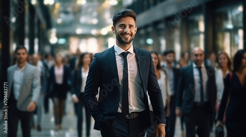 Attractive young businessman in glasses and suit smiling, standing in modern crowded business center © Miumzlik