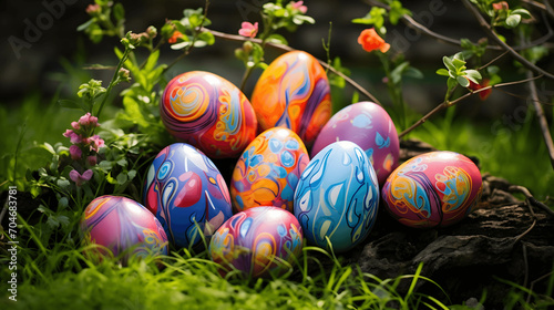 Colorful Easter eggs hidden in garden for egg hunt