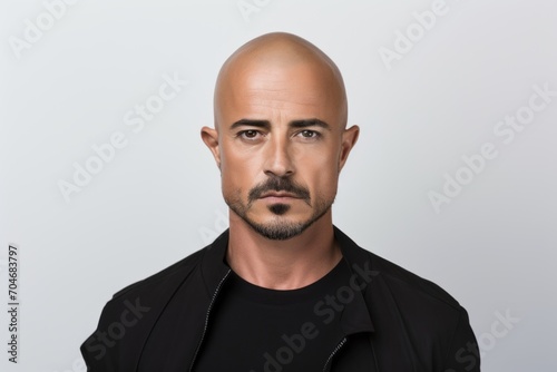 Portrait of handsome bald man in black t-shirt and jacket