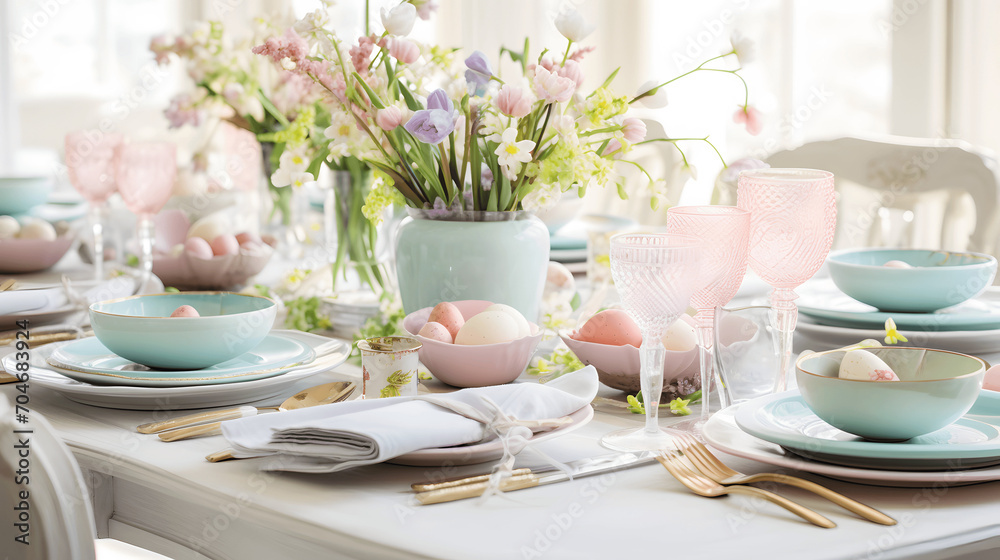Easter table setting with pastels and spring flowers