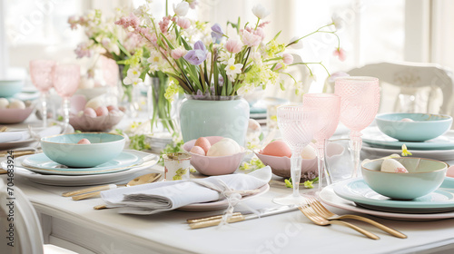 Easter table setting with pastels and spring flowers