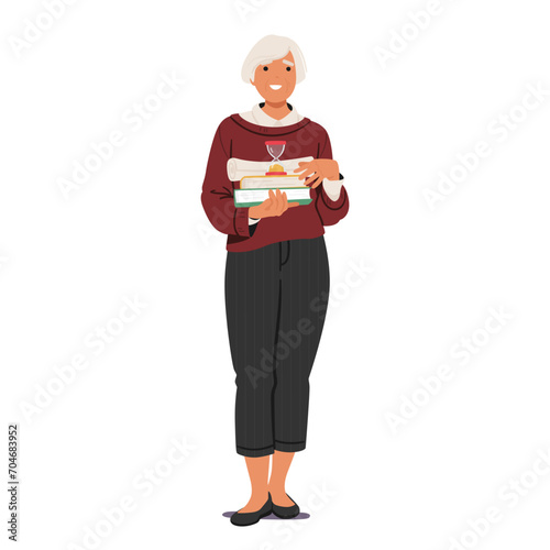 Wise Senior Female Teacher Character Stands With Authority, and A Pile Of Books In Hands, Cartoon Vector Illustration