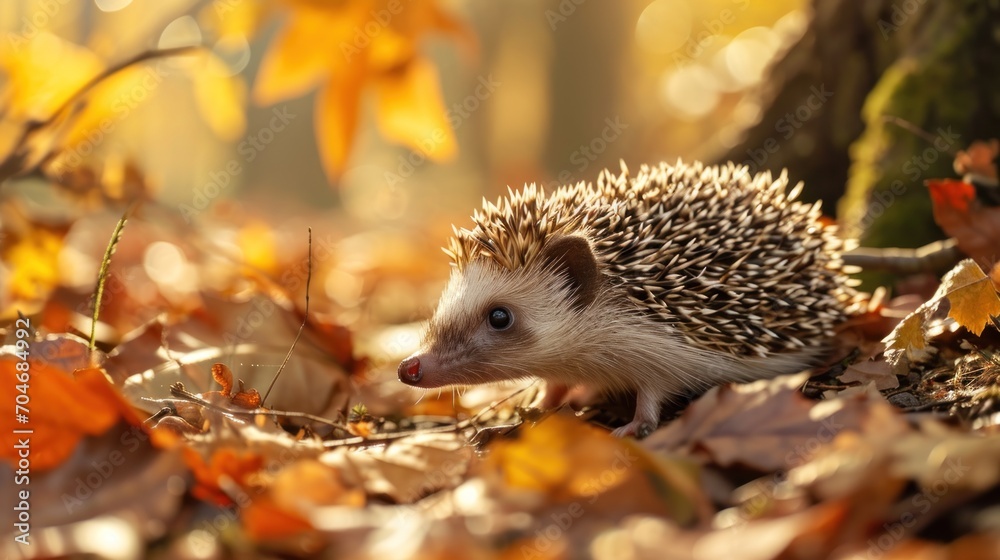a hedgehog walking through the leaves of a tree in the middle of a forest in a sunny autumn day. a hedgehog walking through the leaves of a tree in the middle of a forest in a sunny autumn day.