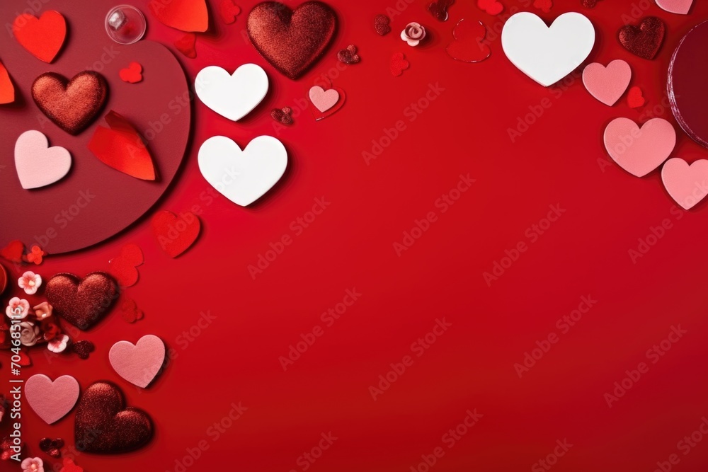 Valentine's day background with red hearts on red background. AI generated