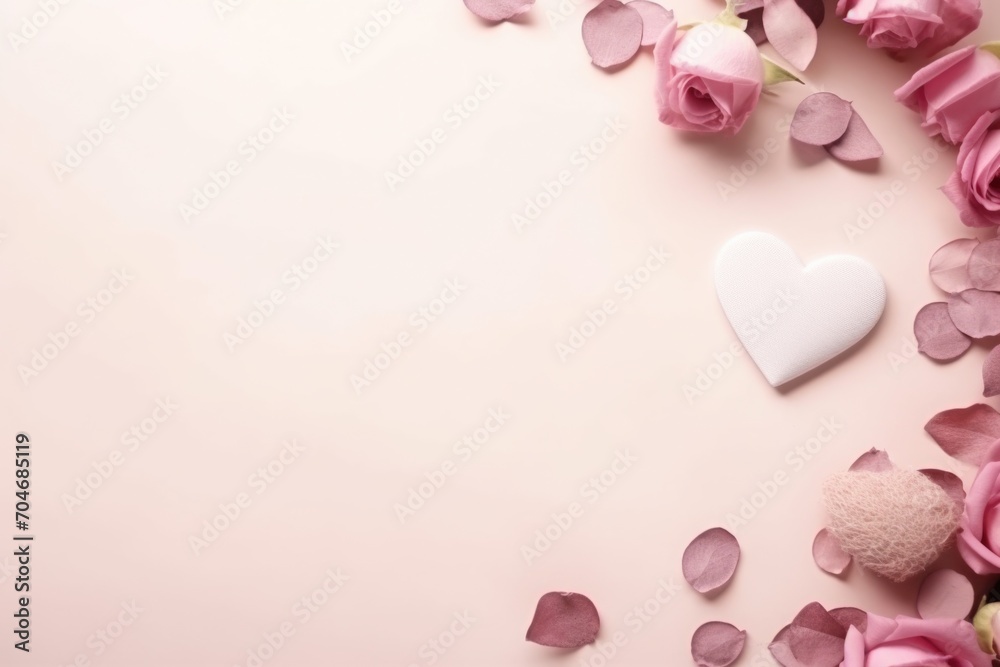 Pink rose petals and white heart on pastel pink background. AI generated