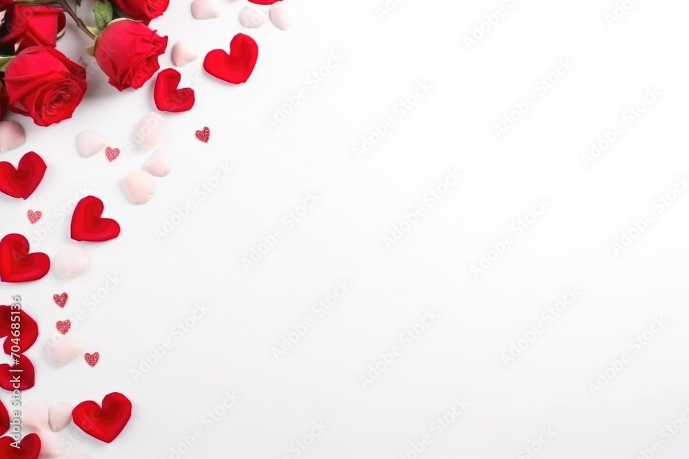 Red roses and hearts on a white background. Valentine's day concept. AI generated