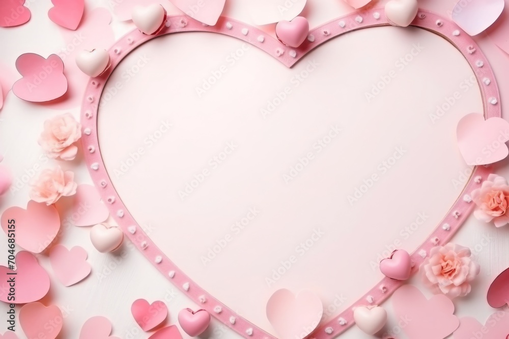Valentine's Day background with pink paper hearts on white background. AI generated
