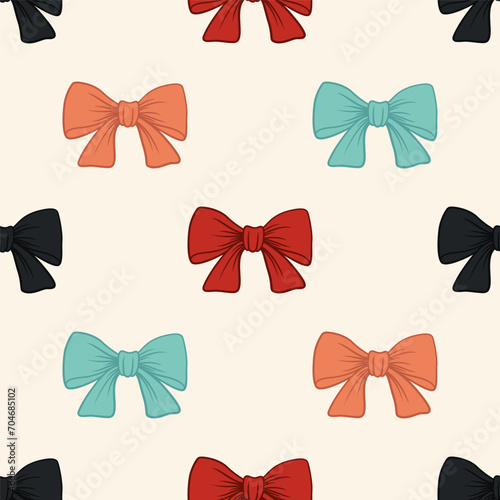 Vector Seamless Pattern with Cartoon Bow Tie or Gift Bow with Outline on White Background. Bow Design Template © gomolach