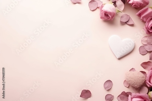 Pink rose petals and white heart on pastel pink background. AI generated