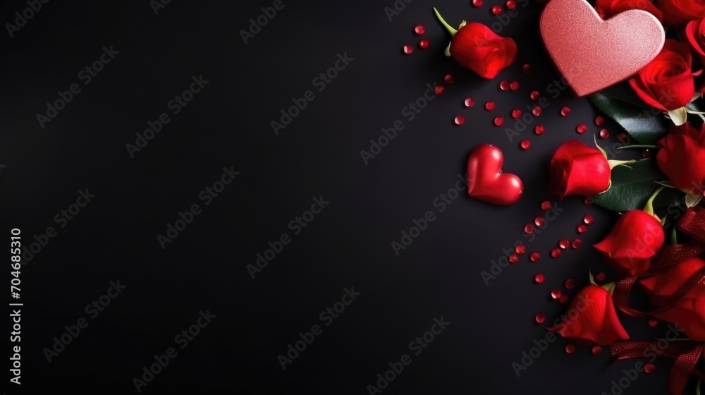 Valentine's Day background with red roses and hearts on black background, AI generated