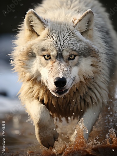 A wolf with snow on its fur is running through a river