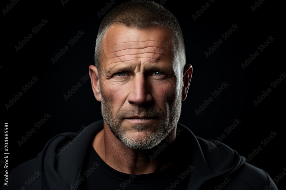 Portrait of a serious senior man looking at the camera over black background.