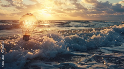  a light bulb sitting in the middle of a body of water with waves in the foreground and a sunset in the background. #704685565