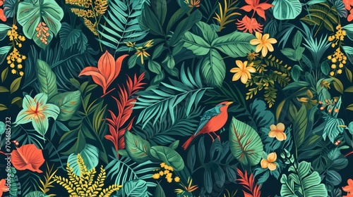  a pattern of tropical leaves and flowers on a dark background with a red bird on the left side of the image.