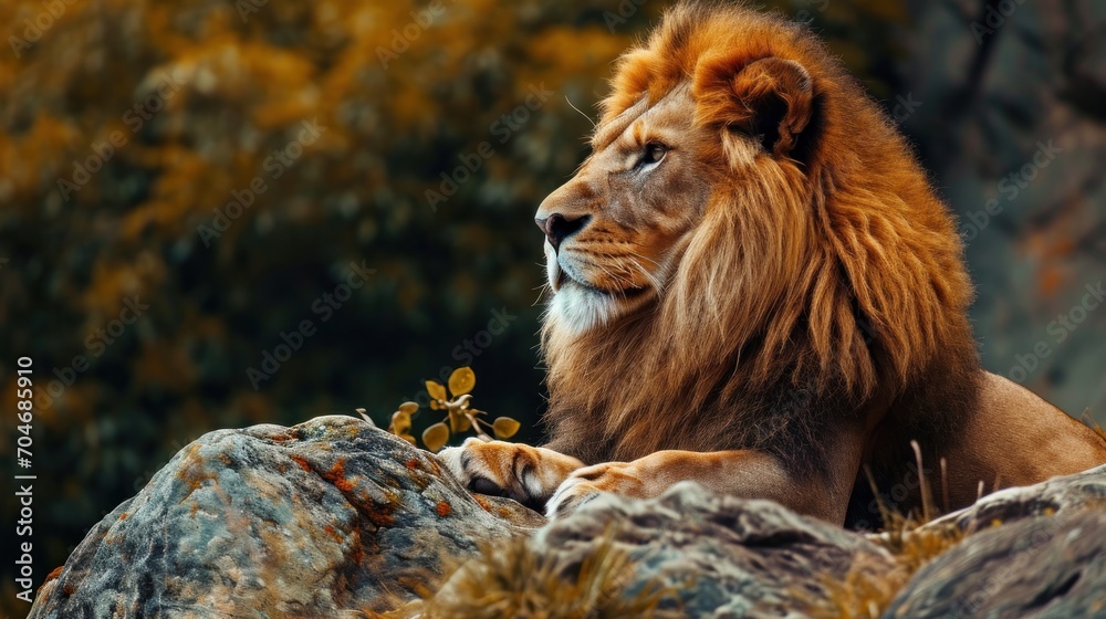 a close up of a lion laying on top of a rock near a body of water with trees in the background. a close up of a lion laying on top of a rock near a body of water with trees in the background.