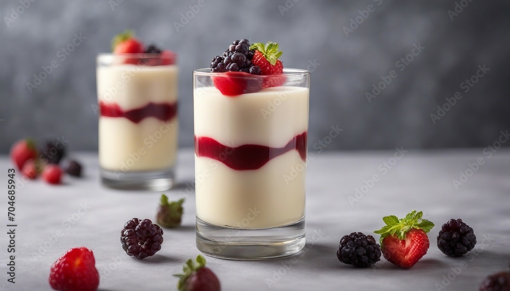 Panna cotta with berry sauce in glasses, selective focus Panna cotta with berry sauce in glasses, selective focus