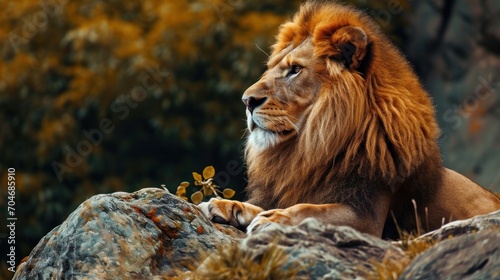  a close up of a lion laying on top of a rock near a body of water with trees in the background.