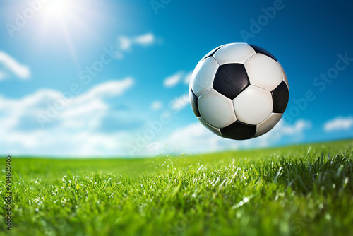 Soccer ball soaring through the vibrant green field against the backdrop of a clear blue sky
