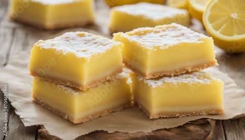 Lemon bars Slice Cake (close-up shot) on wooden background