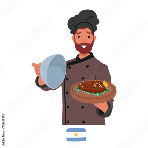 Argentine Chef Proudly Presents A Tray With Succulent Grilled Meat, The Aroma Of Sizzling Flavors Filling The Air