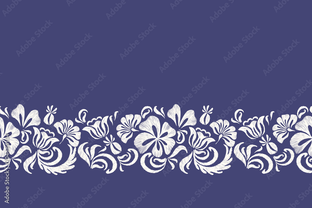 Floral Ikat pattern seamless paisley embroidery on indigo blue background. Silhouette flower motif  border ethnic Baroque style abstract vector illustration vintage design for print template.