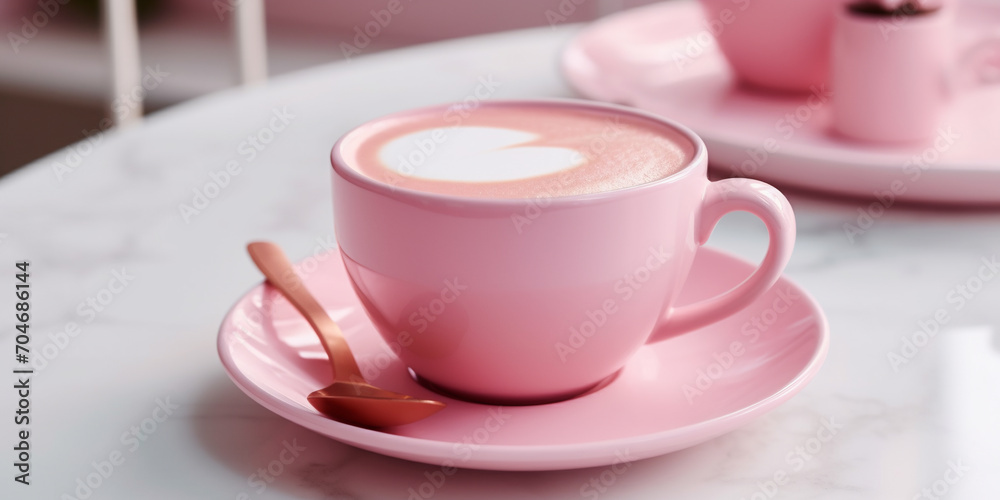 Pink cup of cappuccino with heart shape on white marble table Pink cup of cappuccino with heart shape on white marble table