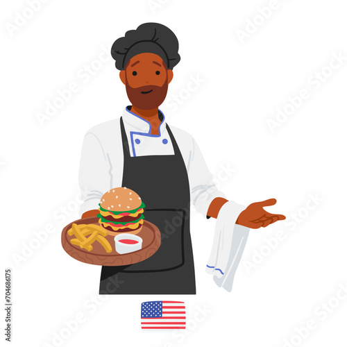 American Chef Character Proudly Presents Tray With A Delectable Array Of Fast Food, Embodying National Culinary