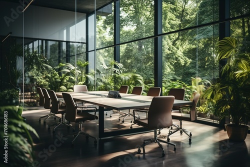 Modern office interior with large windows and plants