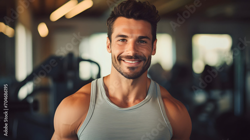 Close up image of attractive smiling fit man in gym. wellness and healthy lifestyle with gym. Personal trainer