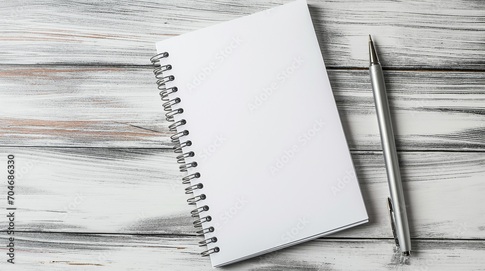 White template on spiral notebook with silver pen. Mockup blank space. White template on spiral notebook with silver pen. Mockup blank space.