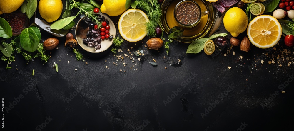 Fresh green salad with assorted vegetables, seeds, and olive oil on black stone background