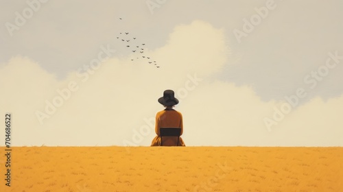 Young woman in a yellow dress sits on a chair and looks at the birds in the sky. photo