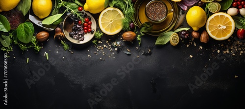 Fresh green salad with assorted vegetables, seeds, and olive oil on black stone background