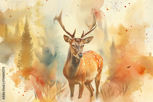 watercolor forest animal   fox, deer, rabbit, mushrooms, trees © Kai